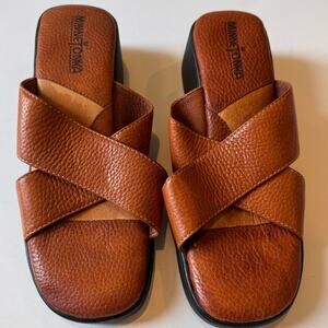 Vtg Minnetonka Leather Slip On Platform Sandals Brown Size 7 Women